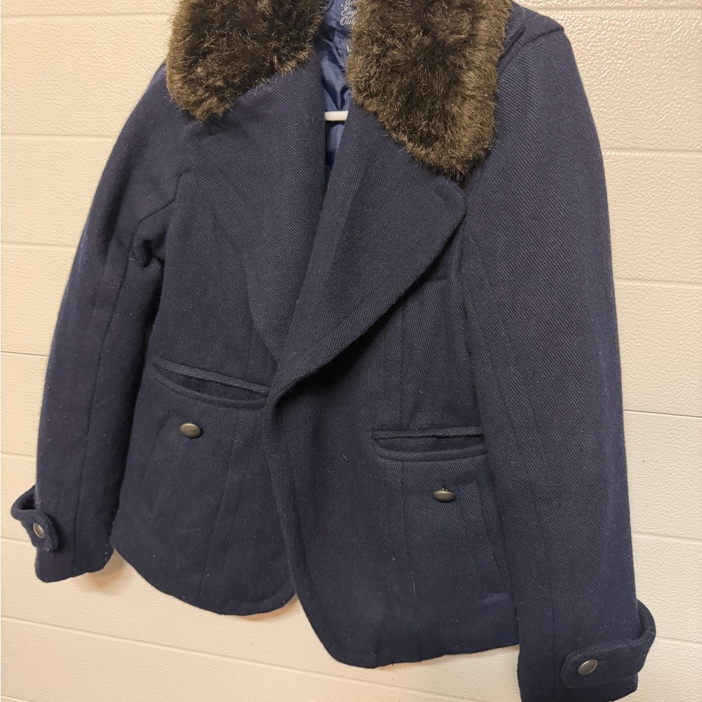 American Eagle Outfitters Navy Pea Coat with Faux Fur Collar